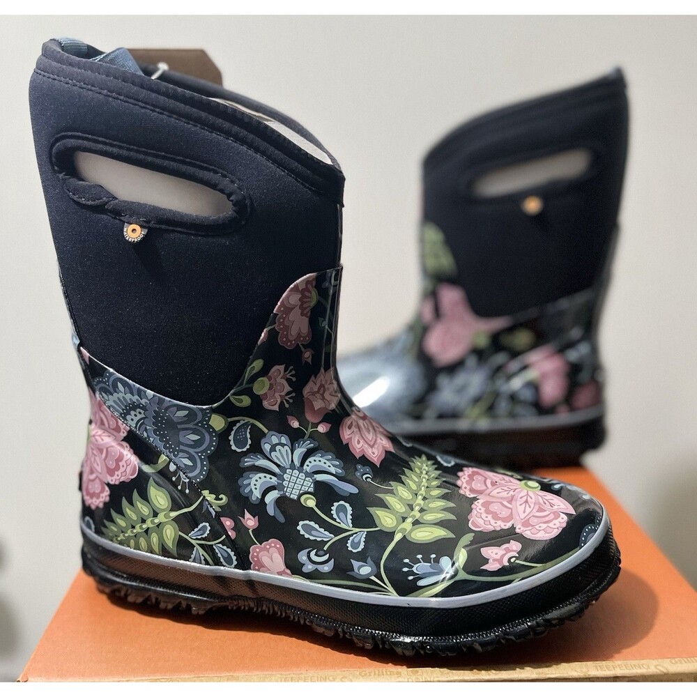 NWB Bogs Classic Mid Winter Blooms Waterproof Pull On Neo Tech Womens 6 Black